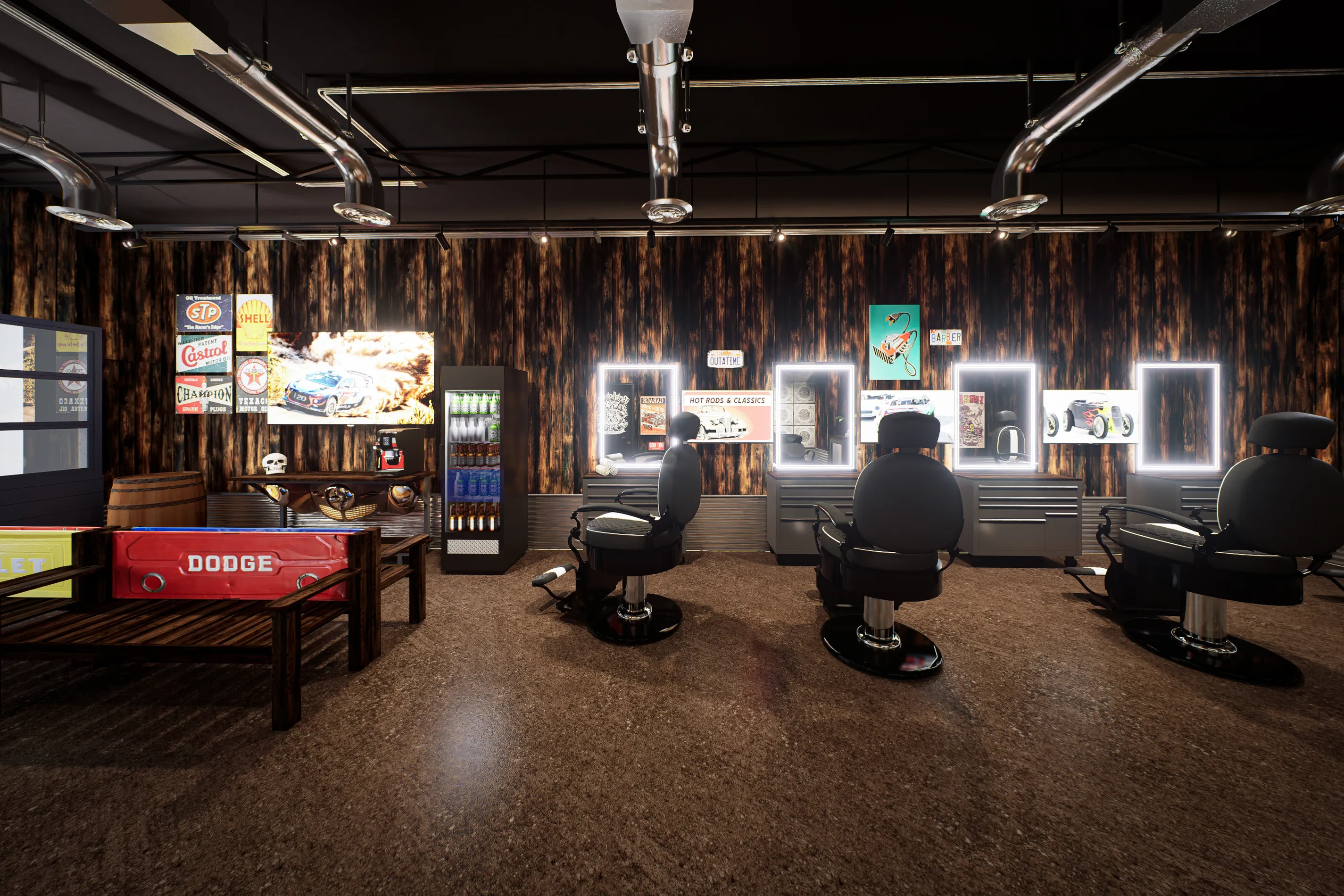 Vintage leather barber chairs panoramic view