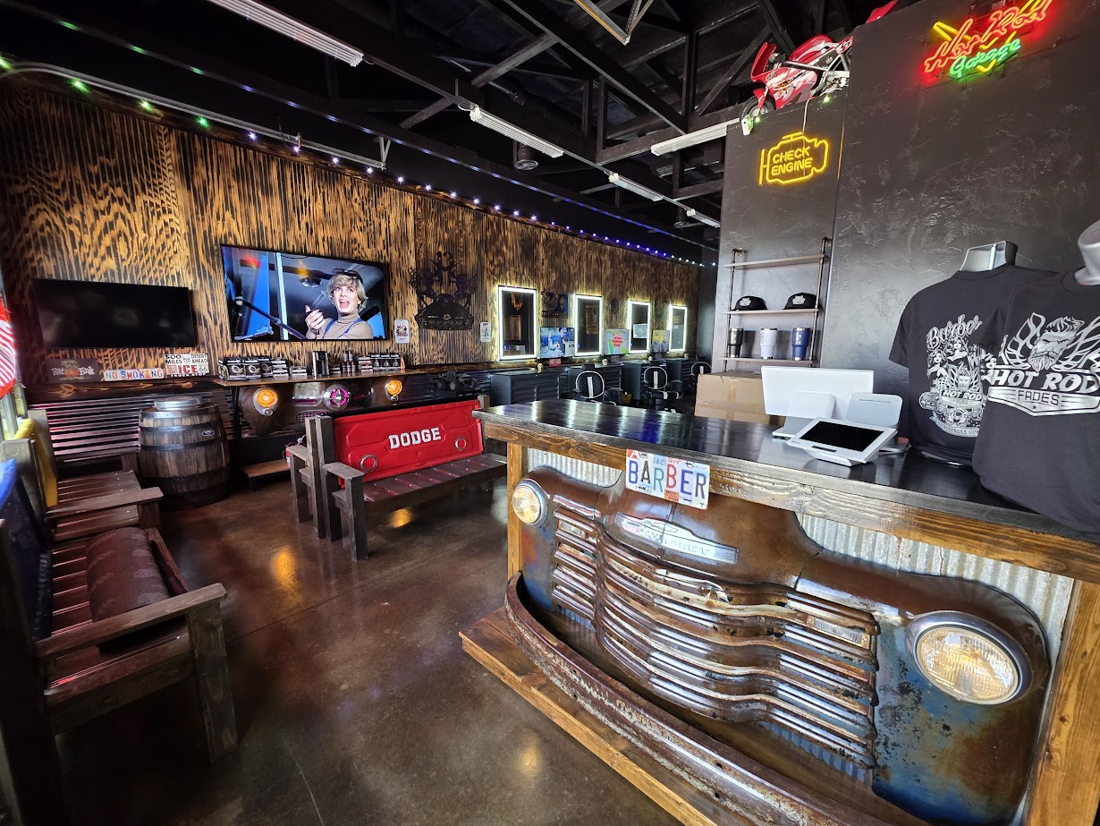 Hot rod themed refreshment station at Hotrod Fades