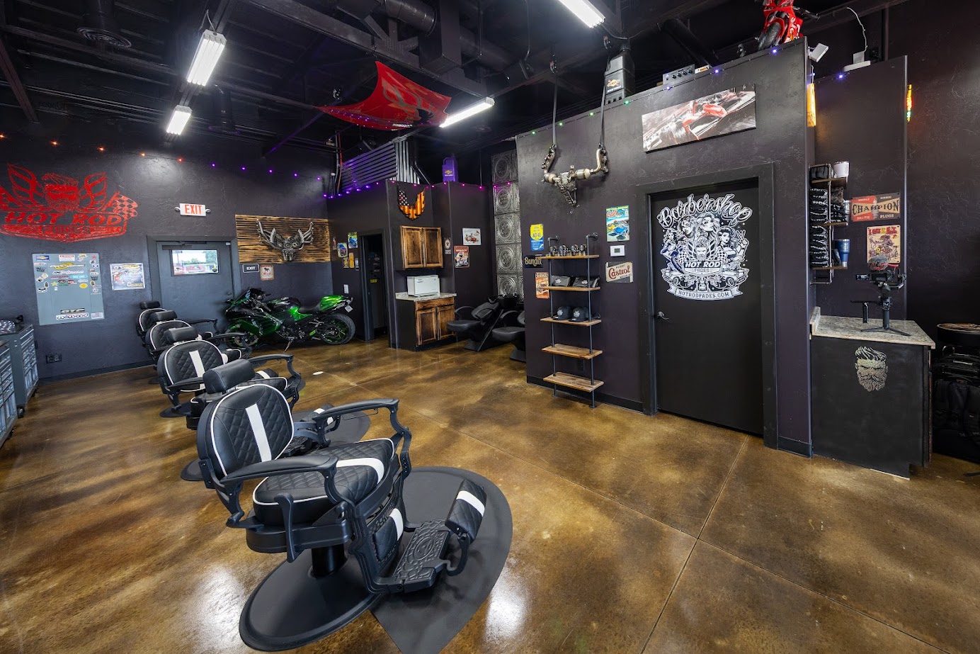 Vintage leather barber chairs and hot rod atmosphere