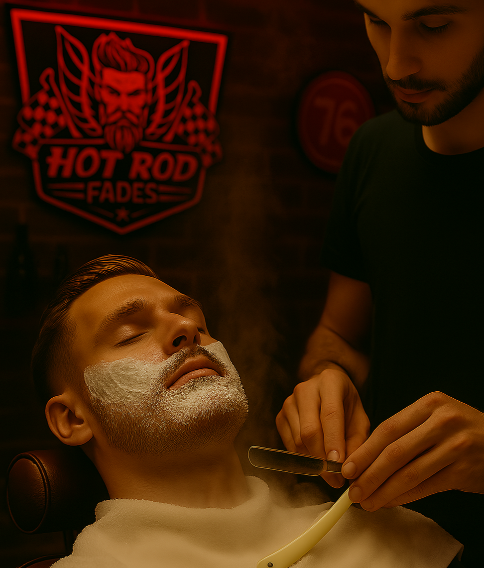 Classic hot towel shave service at Hotrod Fades - traditional barbering in hot rod atmosphere