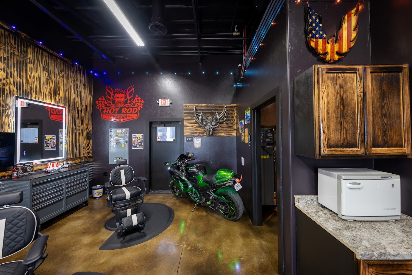 Hot rod barbershop interior and atmosphere